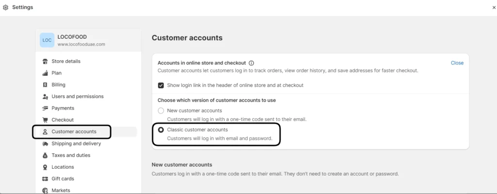 image of shopify customer account setting