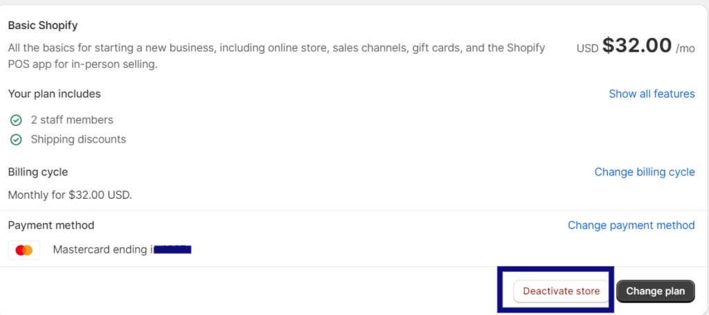 Shopify deactivate store