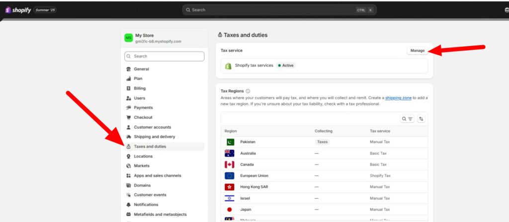 Shopify tax setup section