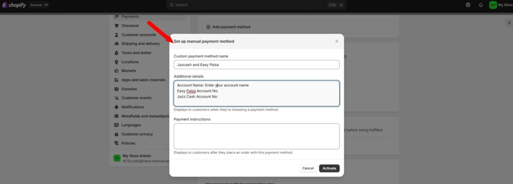Payment type Set up for Jazz cash and easy paisa