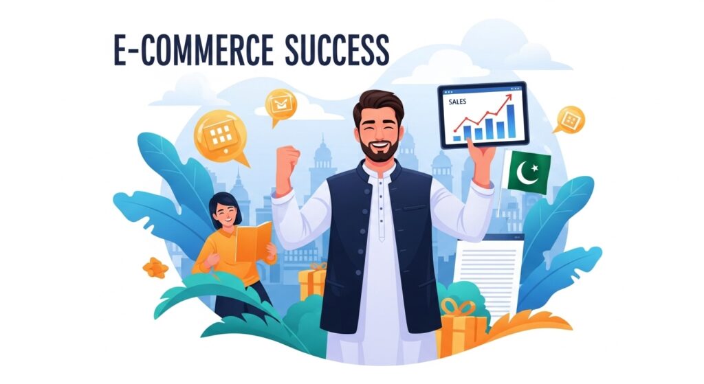 Inspiring illustration of successful Pakistani entrepreneur celebrating e-commerce success, with growing sales graphs, happy customers, Pakistani cultural elements, upward trending arrows