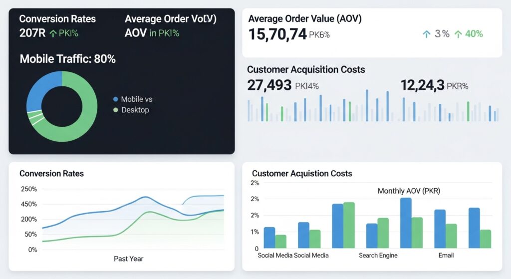 Professional analytics dashboard showing Pakistan e-commerce KPIs conversion rates, mobile traffic 80%, AOV in PKR, customer acquisition costs, with graphs and charts