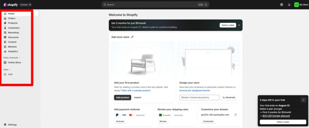 Shopify dashboard