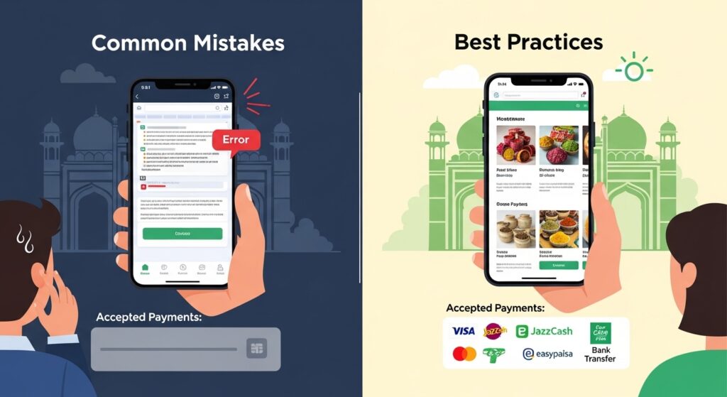 Split design showing common mistakes (poor mobile experience, limited payments) vs. best practices (mobile optimization, multiple payment options), with Pakistani contex