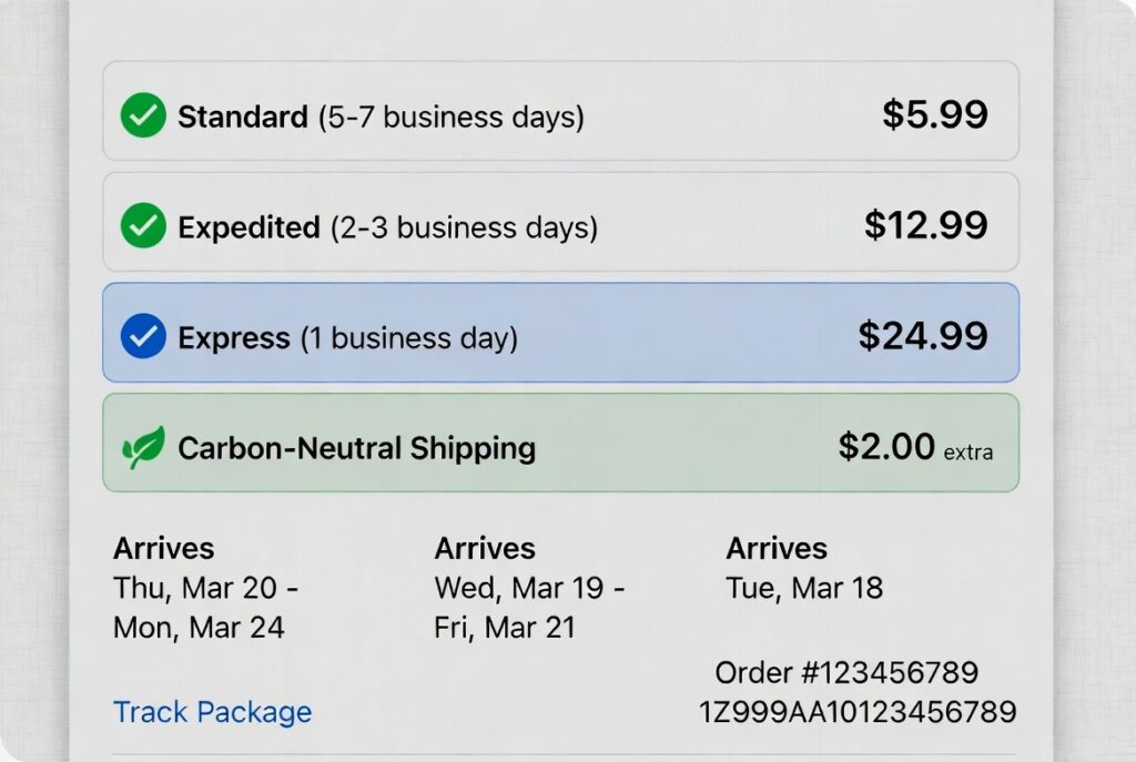 Interfaz de opciones de envío que muestra diferentes velocidades y costos de entrega