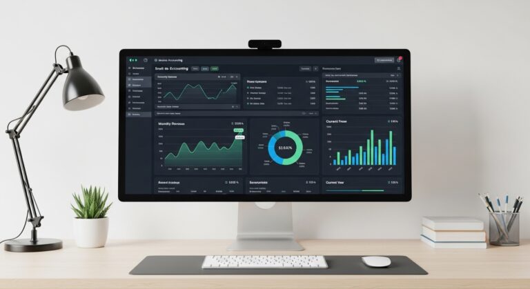 Modern Workspace With A Computer Displaying Financial Charts And Graphs For Small Business Accounting Software Analysis.