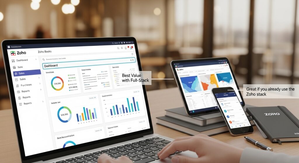 Zoho Books — best value with full-stack, great if you already use the Zoho stack