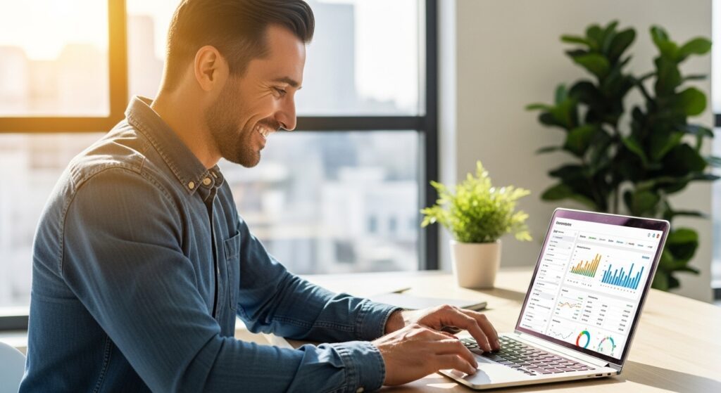 Happy business owner using laptop with accounting dashboard on screen, modern bright office, smiling while working, clean interface visible, professional photography, warm lighting, authentic workplace moment, focus on ease of use