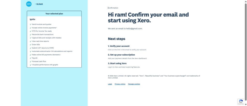 Écran de confirmation par e-mail de Xero