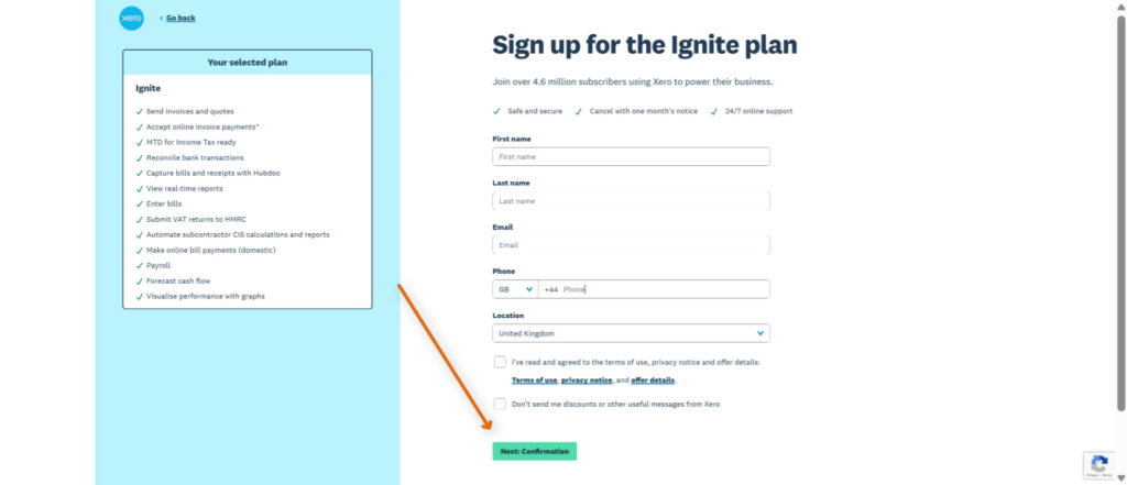 Page d'inscription au forfait Xero Ignite 1