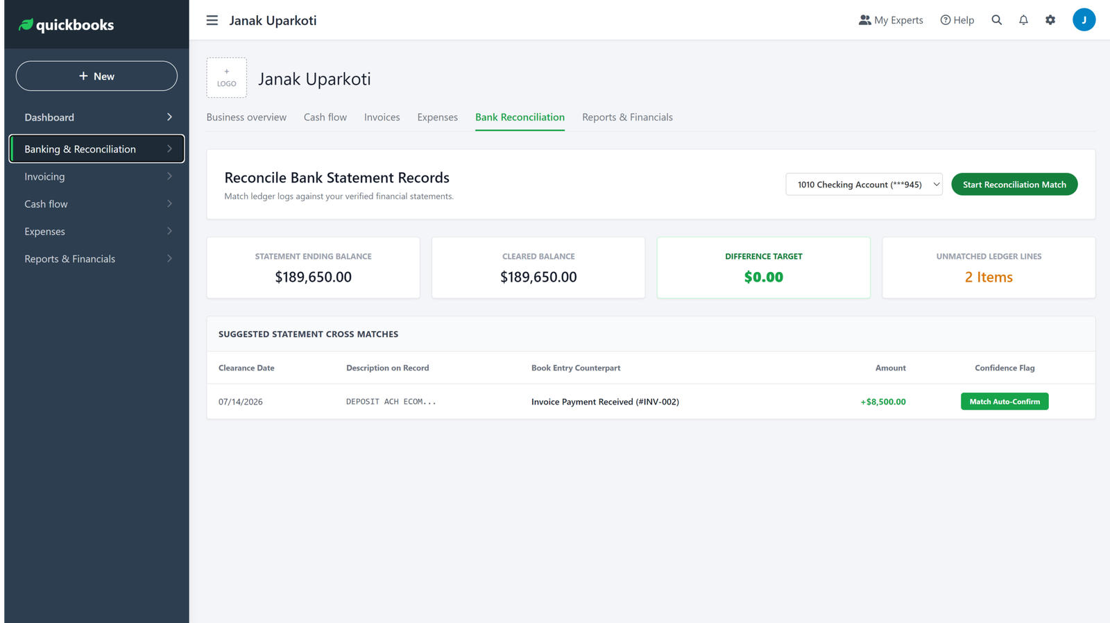 Quickbooks Online Bank Reconciliation Screen