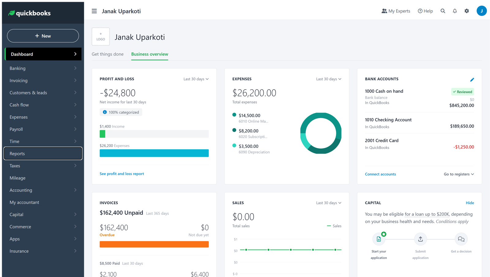 Quickbooks Online Dashboard From My Trial Account