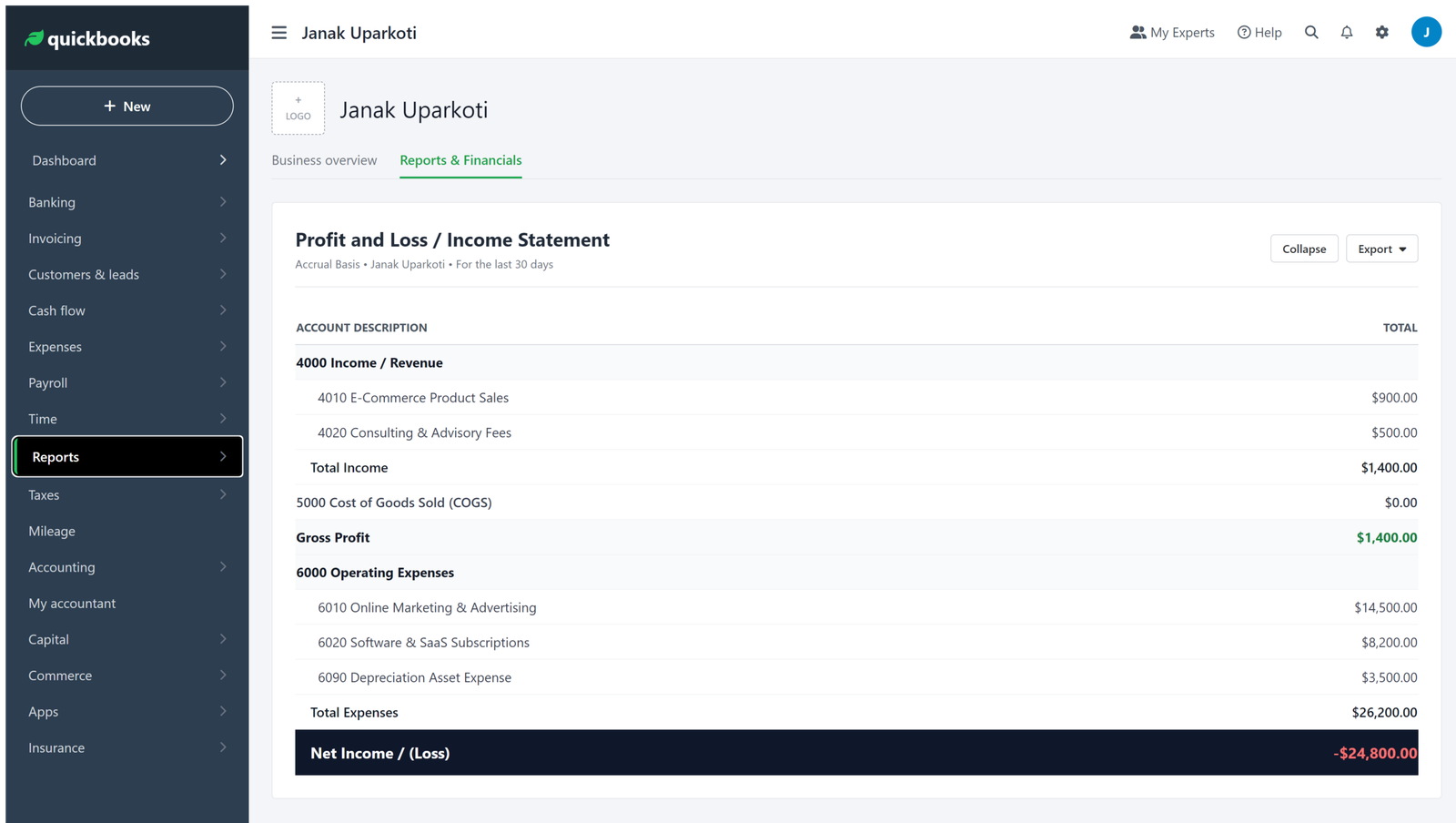 Quickbooks Online Reports Screen