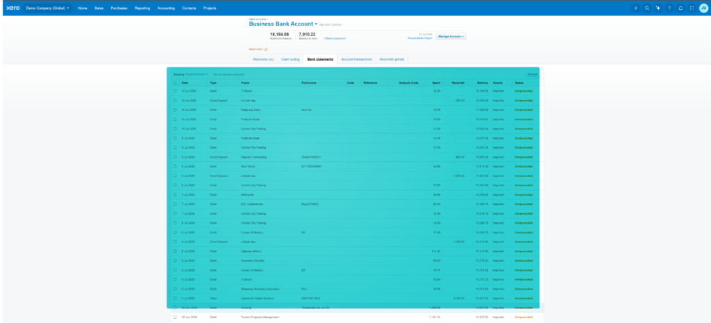 Xero Bank Feed Screen