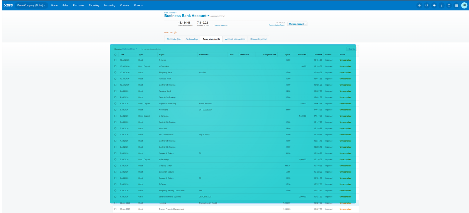 Xero Bank Feed Screen