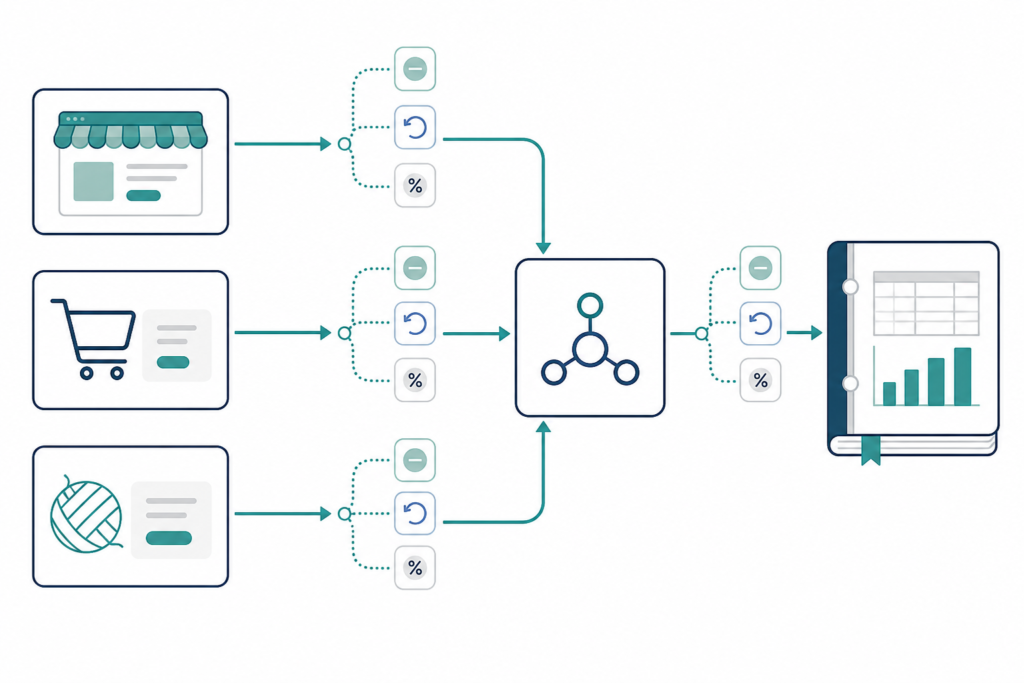 Diagram Showing Sales From Three Online Channels Flowing Through A Settlement Connector That Splits Out Fees, Refunds And Tax Before Reaching The Accounting Ledger