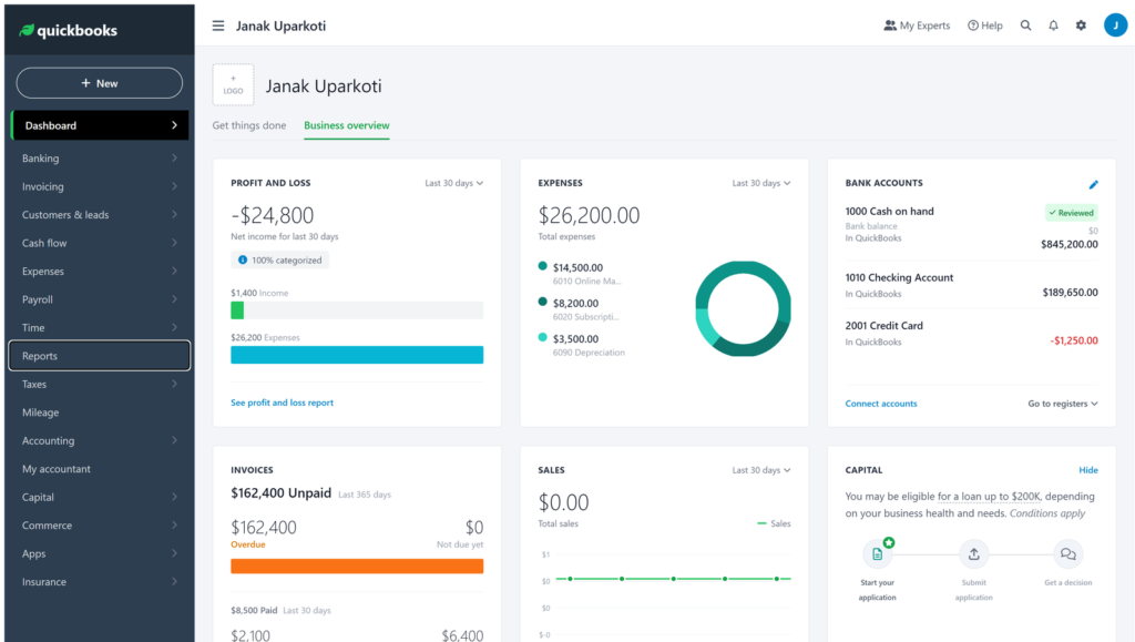 Quickbooks Online Dashboard In A Trial Account