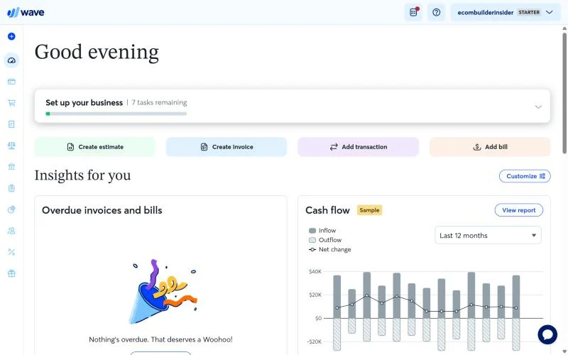 Wave Dashboard With Setup Checklist, Quick Actions And Cash Flow Chart