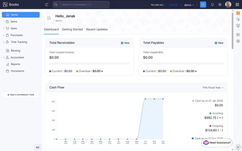 Zoho Books Dashboard With Total Receivables, Total Payables And Cash Flow Chart